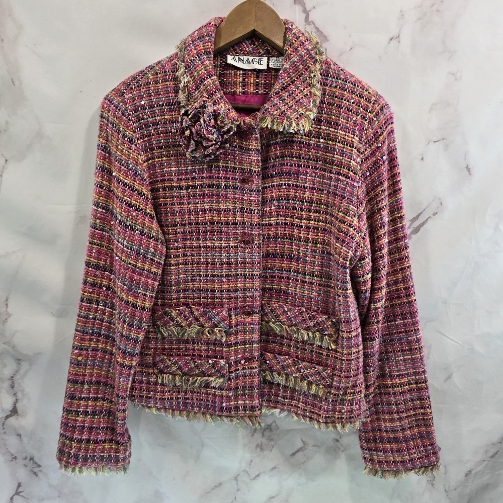 Anage Jacket Women Medium Pink Tweed Artsy Art To Wear Fringe Tie Dye Vtg Y2K